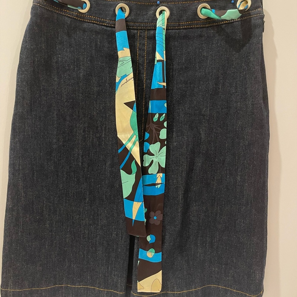 Salvatore Ferragamo Blue Black Pencil Skirt Tie Front Work